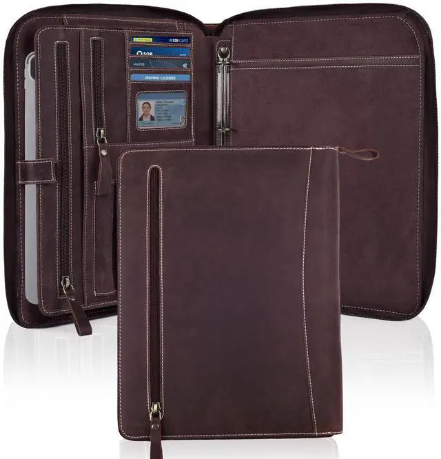 Main image of Genuine Leather Zipper Portfolio Organizer - Professional Business 4 Ring Binder Padfolio Binder for Documents, Cards, iPad, Phone, Resume Folder, Folio for Men & Women-Mahogany Brown