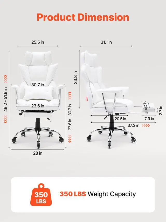 Alt view image 2 of 7 - Reclining Office Chair with Footrest, Heavy Duty PU Leather Oversize Office Chair, Big and Tall Executive Office Chairs with Lumbar Support, Strong Metal Base Quiet Wheels, White