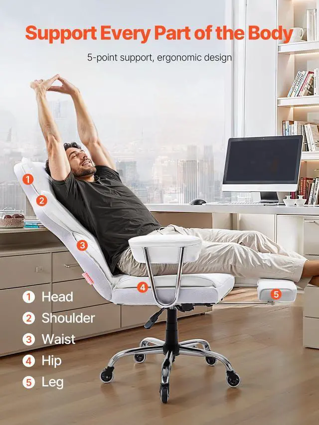 Alt view image 3 of 7 - Reclining Office Chair with Footrest, Heavy Duty PU Leather Oversize Office Chair, Big and Tall Executive Office Chairs with Lumbar Support, Strong Metal Base Quiet Wheels, White