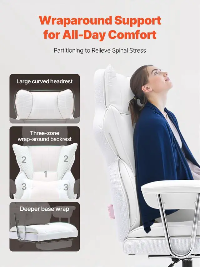 Alt view image 4 of 7 - Reclining Office Chair with Footrest, Heavy Duty PU Leather Oversize Office Chair, Big and Tall Executive Office Chairs with Lumbar Support, Strong Metal Base Quiet Wheels, White
