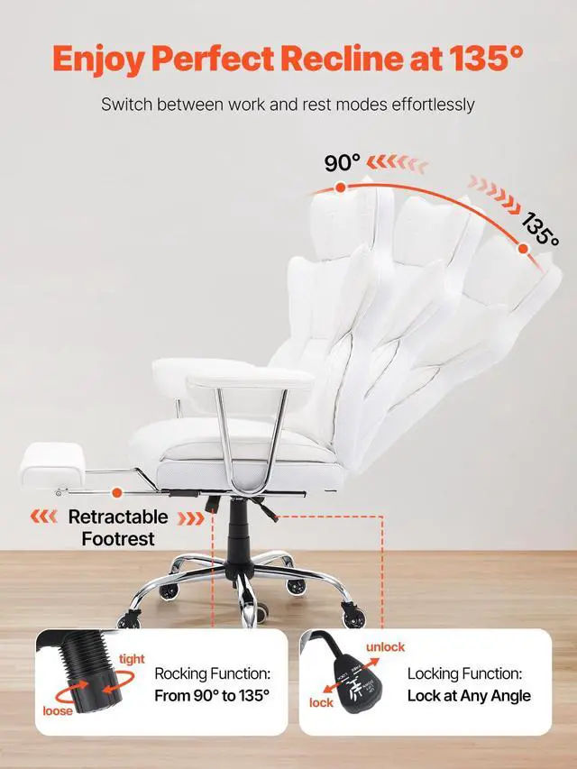 Alt view image 5 of 7 - Reclining Office Chair with Footrest, Heavy Duty PU Leather Oversize Office Chair, Big and Tall Executive Office Chairs with Lumbar Support, Strong Metal Base Quiet Wheels, White