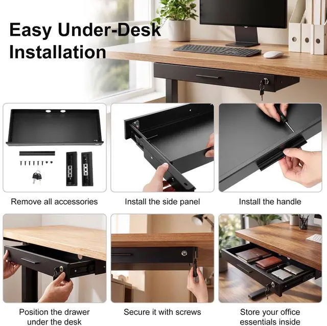 Alt view image 3 of 6 - 24'' x 9'' Under Desk Drawer Slide Out Storage Organizer, Lockable Metal Desk Drawer for Laptop and Office Accessories, Large Hidden Under Table Storage Box with Cable Management, Black