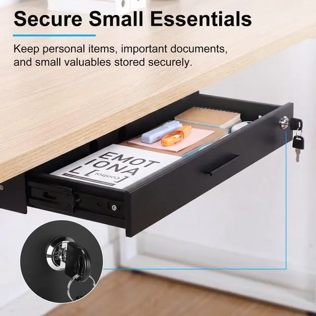 Alt view image 4 of 6 - 24'' x 9'' Under Desk Drawer Slide Out Storage Organizer, Lockable Metal Desk Drawer for Laptop and Office Accessories, Large Hidden Under Table Storage Box with Cable Management, Black