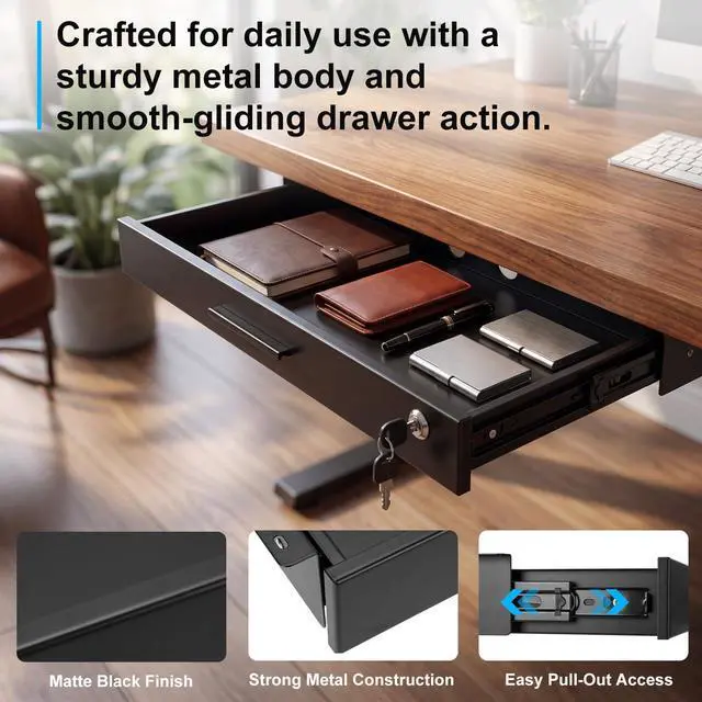 Alt view image 6 of 6 - 24'' x 9'' Under Desk Drawer Slide Out Storage Organizer, Lockable Metal Desk Drawer for Laptop and Office Accessories, Large Hidden Under Table Storage Box with Cable Management, Black