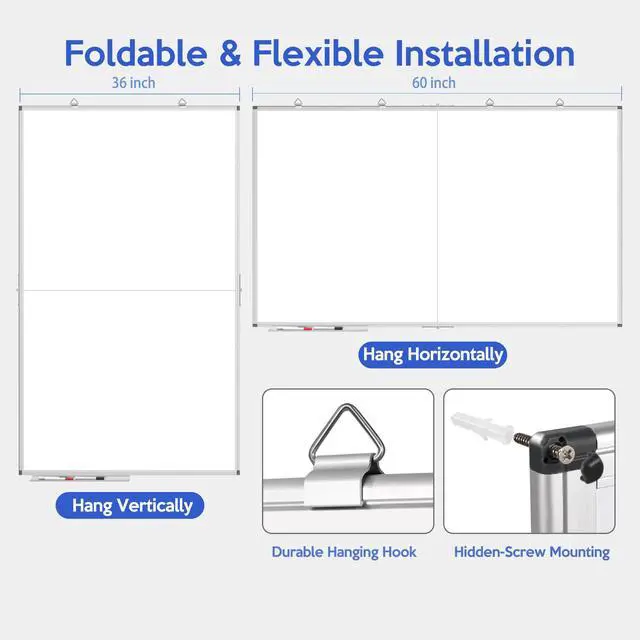 Alt view image 2 of 7 - 60x36 Large Whiteboard for Wall, Magnetic Dry Erase Board for Home Office | Smooth Magnetic Surface, Easy Erasing, Aluminum Frame, ABS Corners, Marker Tray and Mounting Hardware for Office and School