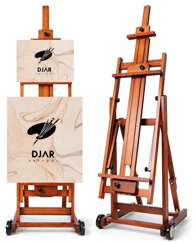 Main image of Large H-Frame Painting Easel for Adults, Solid Beech Wood, Walnut | Movable & Tilting Flat Floor Stand, Holds Canvases up to 78", Adjustable Heavy Duty Studio Art Easel for Artists