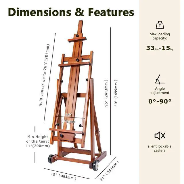 Alt view image 2 of 7 - Large H-Frame Painting Easel for Adults, Solid Beech Wood, Walnut | Movable & Tilting Flat Floor Stand, Holds Canvases up to 78", Adjustable Heavy Duty Studio Art Easel for Artists
