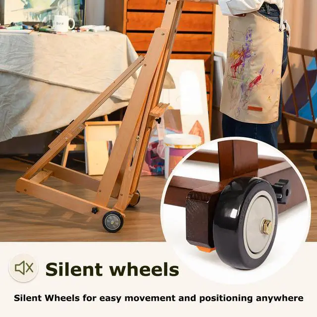 Alt view image 7 of 7 - Large H-Frame Painting Easel for Adults, Solid Beech Wood, Walnut | Movable & Tilting Flat Floor Stand, Holds Canvases up to 78", Adjustable Heavy Duty Studio Art Easel for Artists