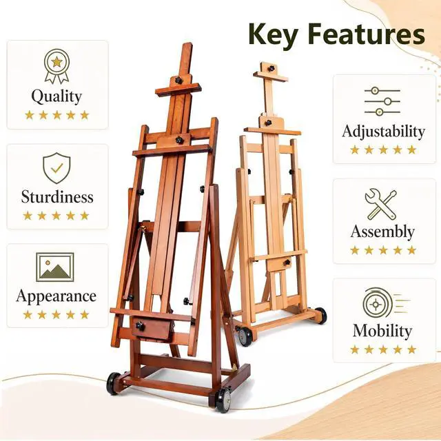 Alt view image 3 of 7 - Large H-Frame Painting Easel for Adults, Solid Beech Wood, Walnut | Movable & Tilting Flat Floor Stand, Holds Canvases up to 78", Adjustable Heavy Duty Studio Art Easel for Artists