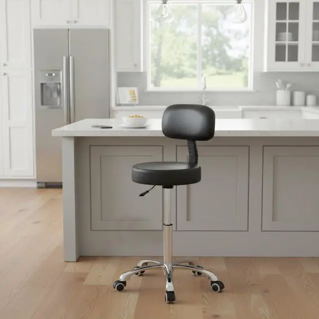 Alt view image 2 of 7 - Rolling Stools with Back Rest, Swivel Adjustable Heavy Duty Stool Chair for Hair Beauty Salon Kitchen Bar Counter Medical Barber Garage Shop Office Use - with Wheels(Black)