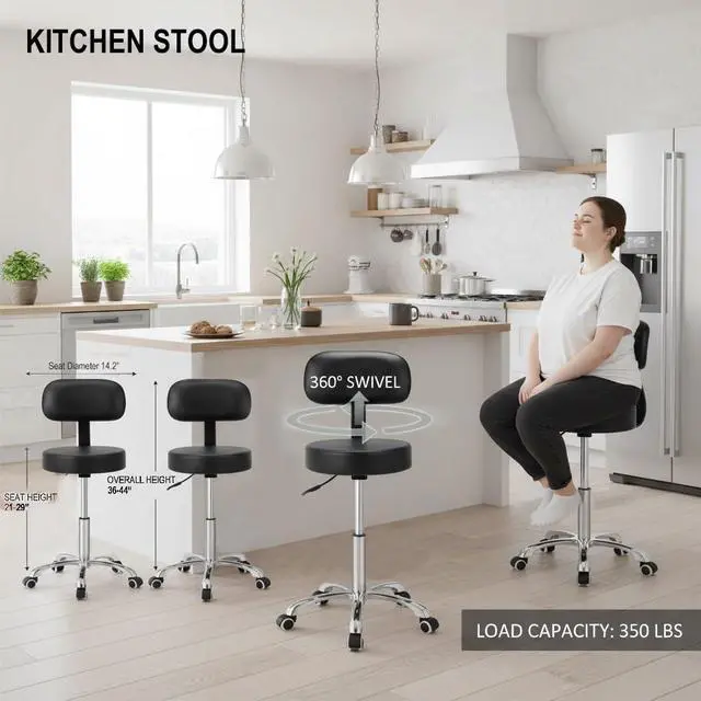 Alt view image 4 of 7 - Rolling Stools with Back Rest, Swivel Adjustable Heavy Duty Stool Chair for Hair Beauty Salon Kitchen Bar Counter Medical Barber Garage Shop Office Use - with Wheels(Black)