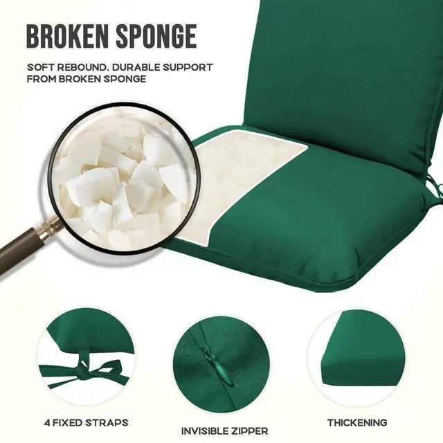 Alt view image 3 of 7 - 2 Pack Adirondack Chair Cushions, Waterproof & Fade-Resistant Outdoor Rocking Chair Cushion Set, Removable Seat Pads with Ties for High Back Dining or Patio Chairs, Green1#