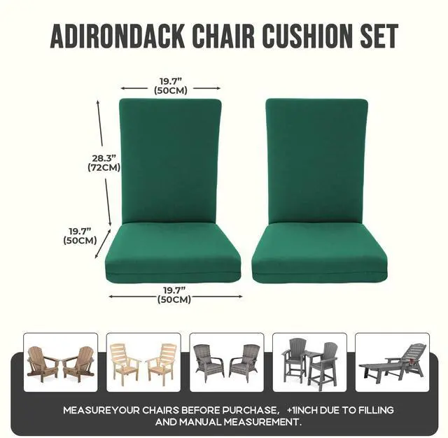 Alt view image 4 of 7 - 2 Pack Adirondack Chair Cushions, Waterproof & Fade-Resistant Outdoor Rocking Chair Cushion Set, Removable Seat Pads with Ties for High Back Dining or Patio Chairs, Green1#