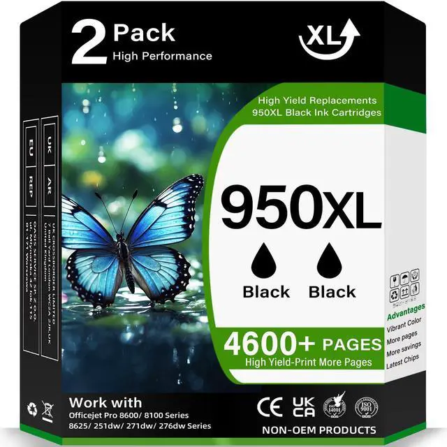 Main image of 950XL Ink Cartridges Compatible Replacement for 950 Black Ink Cartridges Work for Officejet Pro 8100 8600 8610 8620 8630 8640 8615 8625 251dw 271dw 276dw Printers-2 Pack (Black)