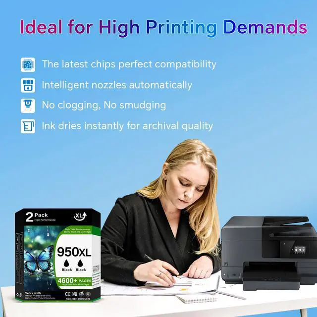 Alt view image 3 of 7 - 950XL Ink Cartridges Compatible Replacement for 950 Black Ink Cartridges Work for Officejet Pro 8100 8600 8610 8620 8630 8640 8615 8625 251dw 271dw 276dw Printers-2 Pack (Black)
