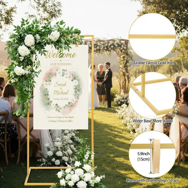 Alt view image 2 of 7 - 3 Pack Wedding Sign Holder Adjustable Metal Wedding Sign Stand with 8 Leather Straps Floor Display Easel Stand for Welcome Seating Chart Ceremony Reception Decor(Gold)