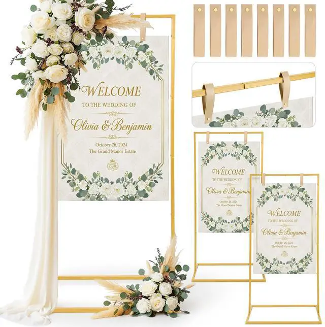 Main image of 3 Pack Wedding Sign Holder Adjustable Metal Wedding Sign Stand with 8 Leather Straps Floor Display Easel Stand for Welcome Seating Chart Ceremony Reception Decor(Gold)
