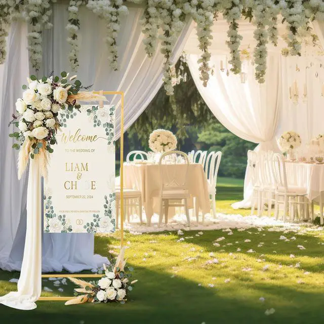 Alt view image 5 of 7 - 3 Pack Wedding Sign Holder Adjustable Metal Wedding Sign Stand with 8 Leather Straps Floor Display Easel Stand for Welcome Seating Chart Ceremony Reception Decor(Gold)
