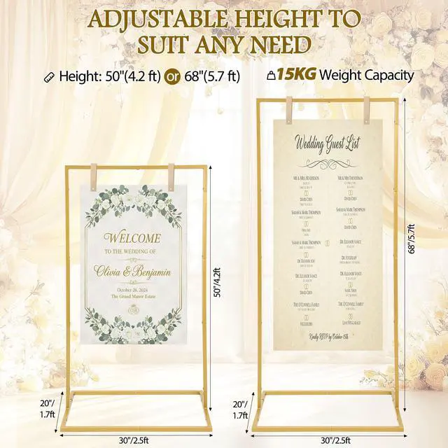 Alt view image 3 of 7 - 3 Pack Wedding Sign Holder Adjustable Metal Wedding Sign Stand with 8 Leather Straps Floor Display Easel Stand for Welcome Seating Chart Ceremony Reception Decor(Gold)