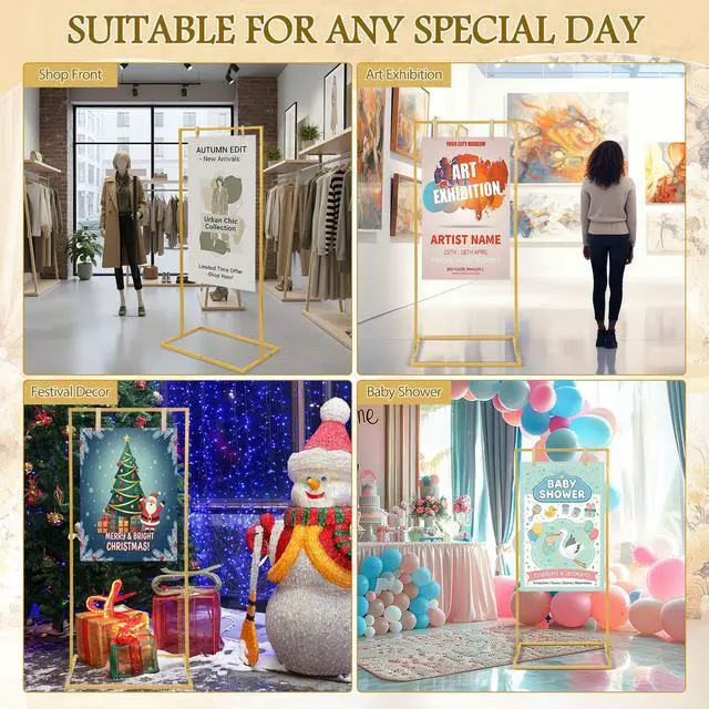 Alt view image 6 of 7 - 3 Pack Wedding Sign Holder Adjustable Metal Wedding Sign Stand with 8 Leather Straps Floor Display Easel Stand for Welcome Seating Chart Ceremony Reception Decor(Gold)
