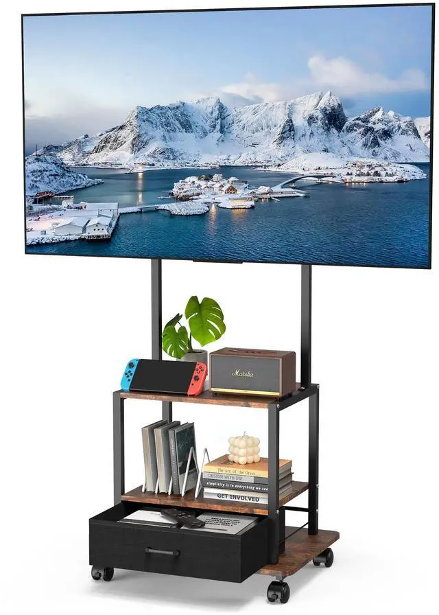 Main image of Rolling TV Stand with Fabric Drawer for 32-55" TV - Mobile TV Cart with Mount for Bedroom, Living Room, Outdoor - Brown & Black