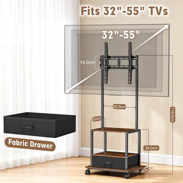 Alt view image 2 of 7 - Rolling TV Stand with Fabric Drawer for 32-55" TV - Mobile TV Cart with Mount for Bedroom, Living Room, Outdoor - Brown & Black