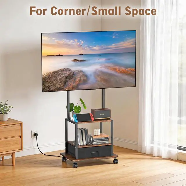 Alt view image 4 of 7 - Rolling TV Stand with Fabric Drawer for 32-55" TV - Mobile TV Cart with Mount for Bedroom, Living Room, Outdoor - Brown & Black