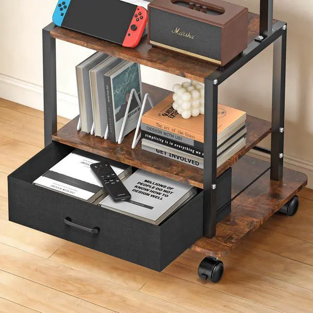 Alt view image 5 of 7 - Rolling TV Stand with Fabric Drawer for 32-55" TV - Mobile TV Cart with Mount for Bedroom, Living Room, Outdoor - Brown & Black