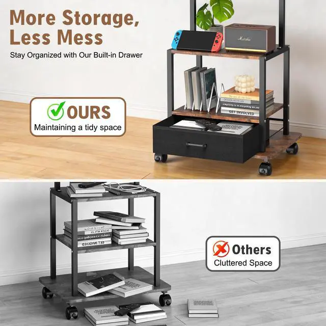 Alt view image 6 of 7 - Rolling TV Stand with Fabric Drawer for 32-55" TV - Mobile TV Cart with Mount for Bedroom, Living Room, Outdoor - Brown & Black