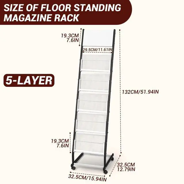 Alt view image 2 of 7 - Floor Standing Magazine Holder with 5 Pockets, Journals, Brochure & Literature Display Holder for Trade Shows, Exhibitions, Office, and Shopping Malls, Black