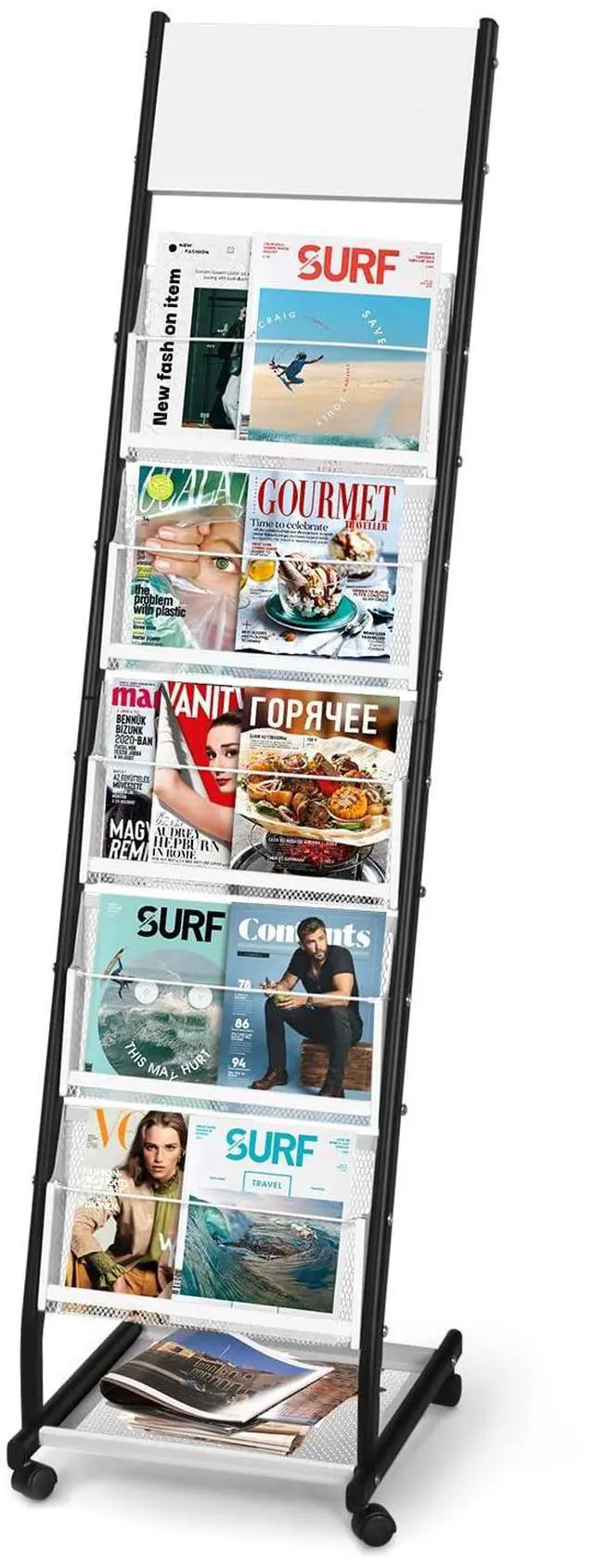 Main image of Floor Standing Magazine Holder with 5 Pockets, Journals, Brochure & Literature Display Holder for Trade Shows, Exhibitions, Office, and Shopping Malls, Black