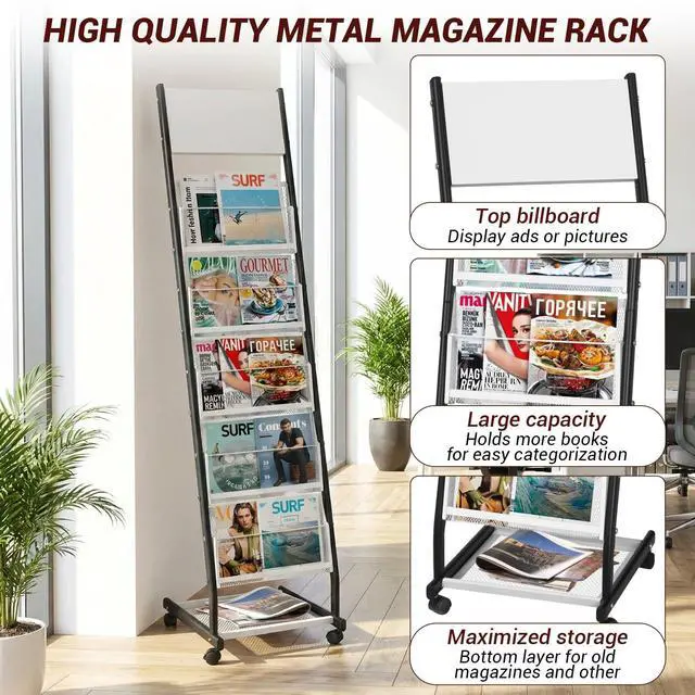 Alt view image 3 of 7 - Floor Standing Magazine Holder with 5 Pockets, Journals, Brochure & Literature Display Holder for Trade Shows, Exhibitions, Office, and Shopping Malls, Black