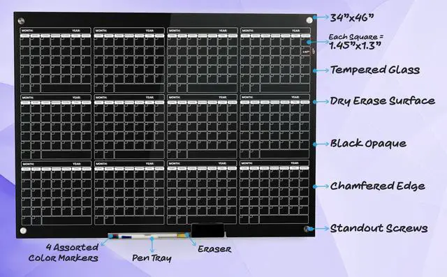 Alt view image 3 of 7 - Real Glass Dry Erase Yearly Calendar, Giant Size 34" x 46", Tempered Glass Surface, Frameless Wall Mount, With 4 Assorted Color Markers and Eraser, by (Jet Black)