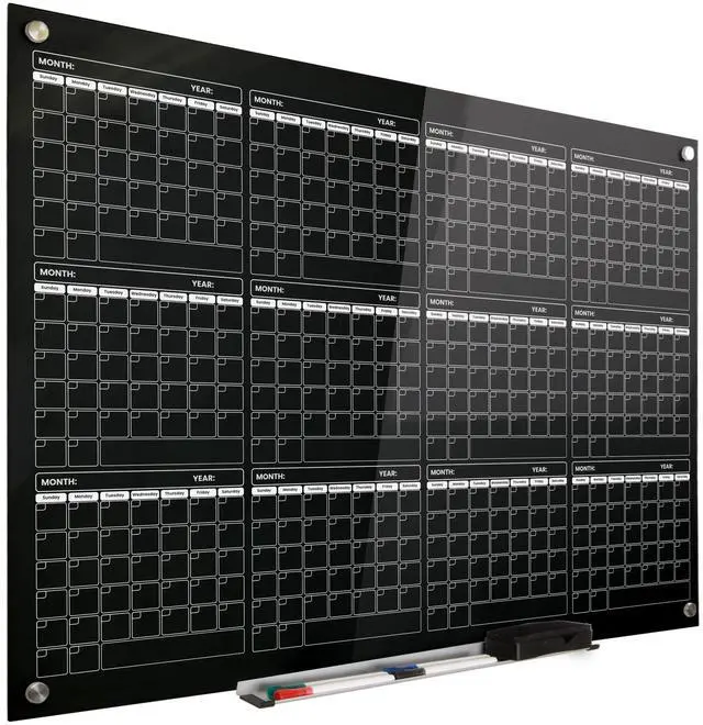 Main image of Real Glass Dry Erase Yearly Calendar, Giant Size 34" x 46", Tempered Glass Surface, Frameless Wall Mount, With 4 Assorted Color Markers and Eraser, by (Jet Black)