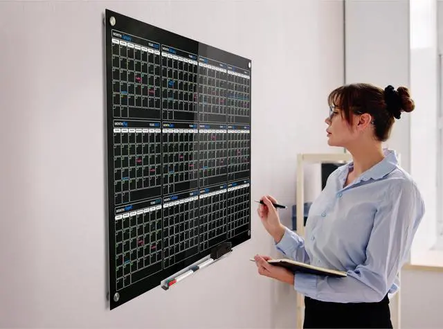 Alt view image 2 of 7 - Real Glass Dry Erase Yearly Calendar, Giant Size 34" x 46", Tempered Glass Surface, Frameless Wall Mount, With 4 Assorted Color Markers and Eraser, by (Jet Black)