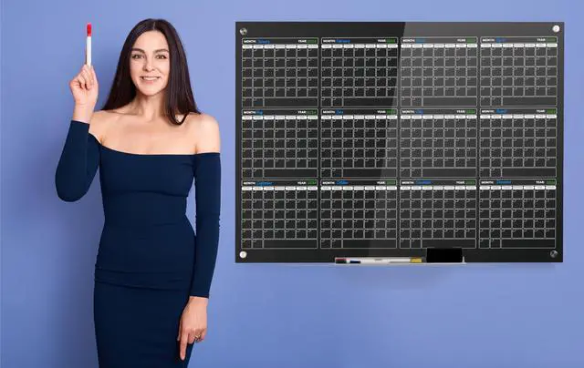 Alt view image 4 of 7 - Real Glass Dry Erase Yearly Calendar, Giant Size 34" x 46", Tempered Glass Surface, Frameless Wall Mount, With 4 Assorted Color Markers and Eraser, by (Jet Black)