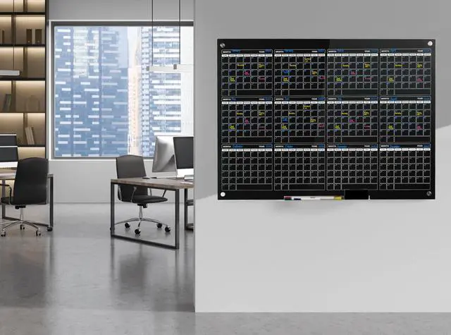 Alt view image 5 of 7 - Real Glass Dry Erase Yearly Calendar, Giant Size 34" x 46", Tempered Glass Surface, Frameless Wall Mount, With 4 Assorted Color Markers and Eraser, by (Jet Black)