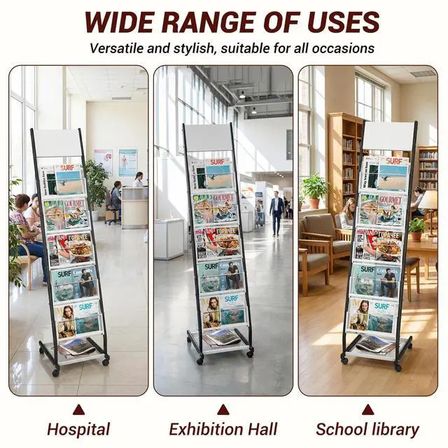 Alt view image 5 of 7 - Floor Standing Magazine Holder with 5 Pockets, Journals, Brochure & Literature Display Holder for Trade Shows, Exhibitions, Office, and Shopping Malls, Black