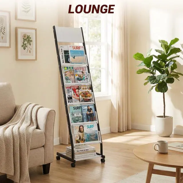 Alt view image 7 of 7 - Floor Standing Magazine Holder with 5 Pockets, Journals, Brochure & Literature Display Holder for Trade Shows, Exhibitions, Office, and Shopping Malls, Black