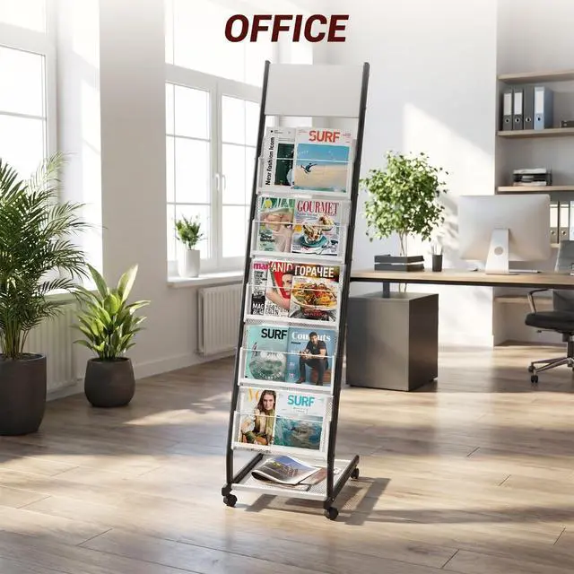 Alt view image 6 of 7 - Floor Standing Magazine Holder with 5 Pockets, Journals, Brochure & Literature Display Holder for Trade Shows, Exhibitions, Office, and Shopping Malls, Black