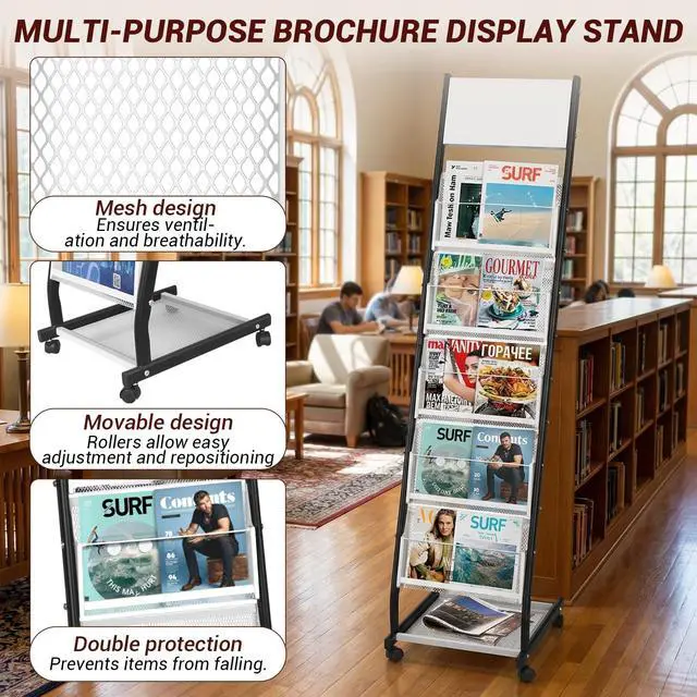 Alt view image 4 of 7 - Floor Standing Magazine Holder with 5 Pockets, Journals, Brochure & Literature Display Holder for Trade Shows, Exhibitions, Office, and Shopping Malls, Black