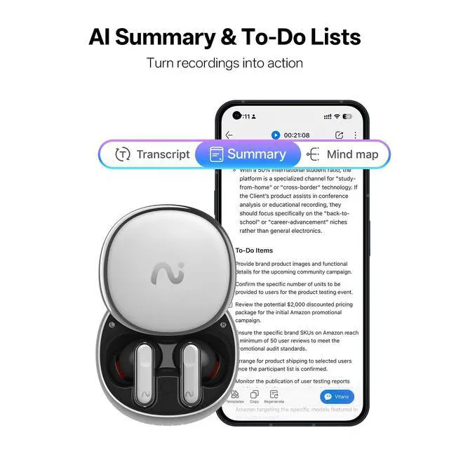 Alt view image 5 of 7 - Nano+ AI Voice Recorder Earbuds, AI Note Taker for Meetings & Calls | Real-time transcription and translation across 78 languages, AI-powered summaries, and 45 dB hybrid ANC