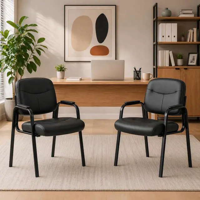 Main image of Office Reception Guest Chair Set of 2, Waiting Room Chair, Desk Chair No Wheels with Padded Arms Rest and Sled Base for Lobby and Conference, Table Side Salon, Home, Black
