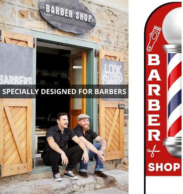 Alt view image 3 of 7 - Barber Flag 15ft, Barber Flags for Outside, barbershop Pole Kit, Sign for Salon Business Advertising Outdoor, Eye Catching Open Feather Windless Banner, 100% Fiberglass