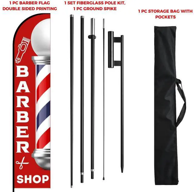Alt view image 6 of 7 - Barber Flag 15ft, Barber Flags for Outside, barbershop Pole Kit, Sign for Salon Business Advertising Outdoor, Eye Catching Open Feather Windless Banner, 100% Fiberglass