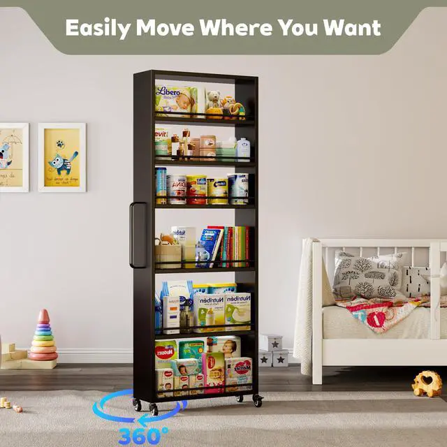 Alt view image 4 of 7 - 6-Tier Slim Rolling Storage Cart with Wheels, 8-Inch Deep Metal Utility Cart for Kitchen, Bathroom, Laundry, Craft Room Narrow Design for Easy Organization and Mobility (Black)