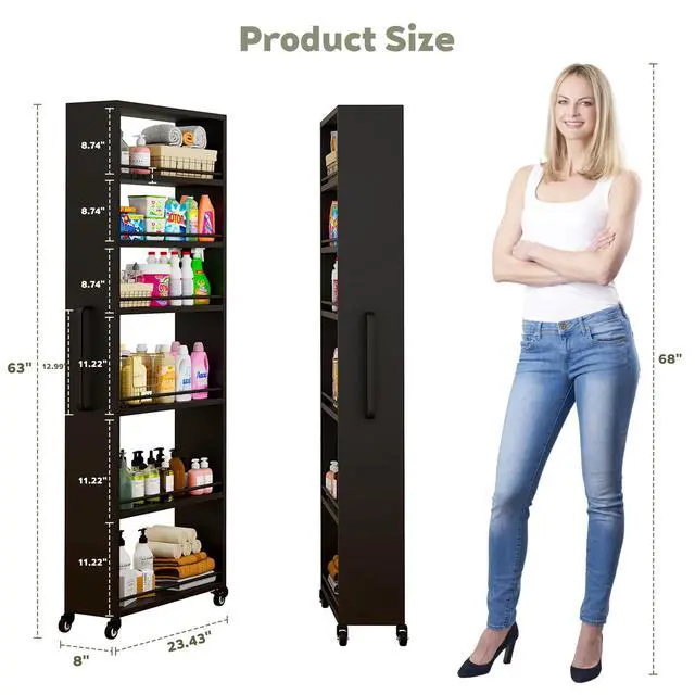 Alt view image 7 of 7 - 6-Tier Slim Rolling Storage Cart with Wheels, 8-Inch Deep Metal Utility Cart for Kitchen, Bathroom, Laundry, Craft Room Narrow Design for Easy Organization and Mobility (Black)