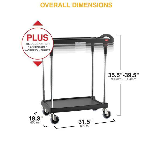 Alt view image 2 of 7 - myCart Plus Utility Cart - Choose-Your-Height Adjustable Heavy Duty Rolling Cart for Home, Commercial and Industrial Use - 2-Shelf, 300 lbs Capacity - 18.3" W x 31.5" L x 35.5-39.5" H - Black