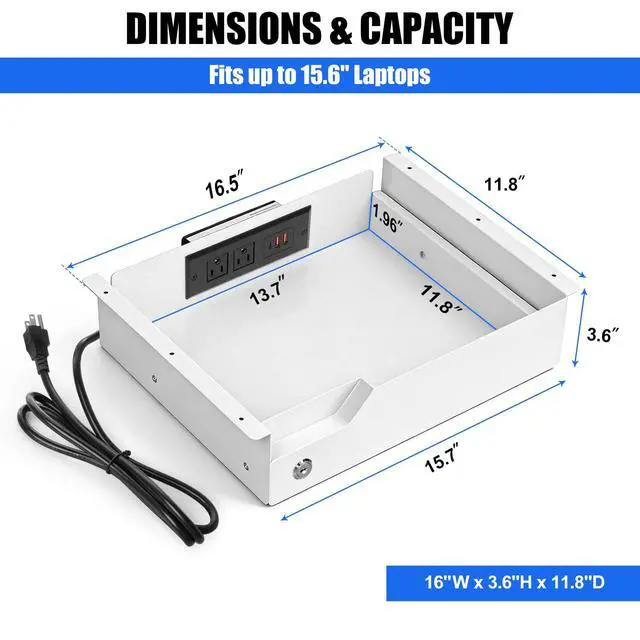 Alt view image 4 of 7 - Under Desk Drawer Storage with Lock, Metal Undermount Table Drawer, Ball Bearing Slides Out Tray Organizer for Paper, Pencil, and Laptop,16"x11.8"x3.6", White With Power Strip