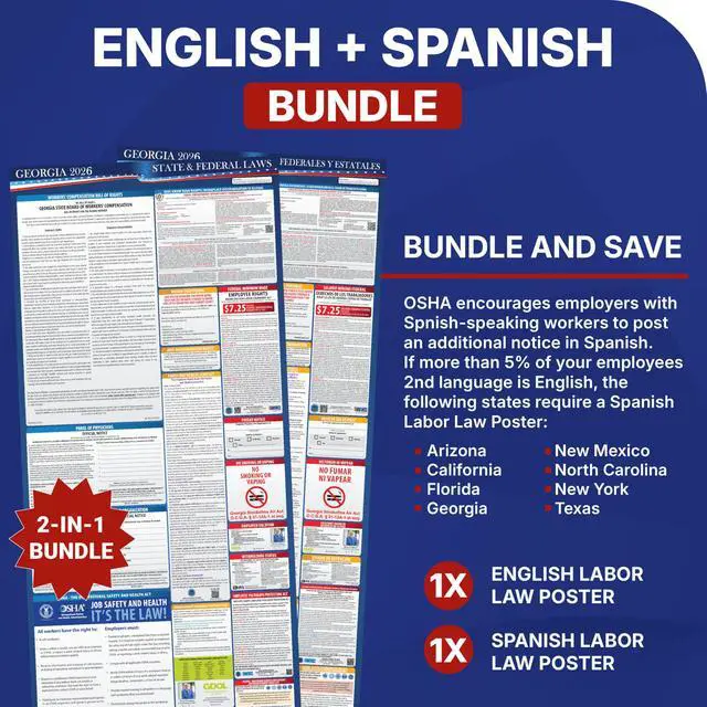 Alt view image 2 of 7 - 2026 Georgia State & Federal Mandatory Labor Law Poster, OSHA Compliant (English & Spanish Combo)